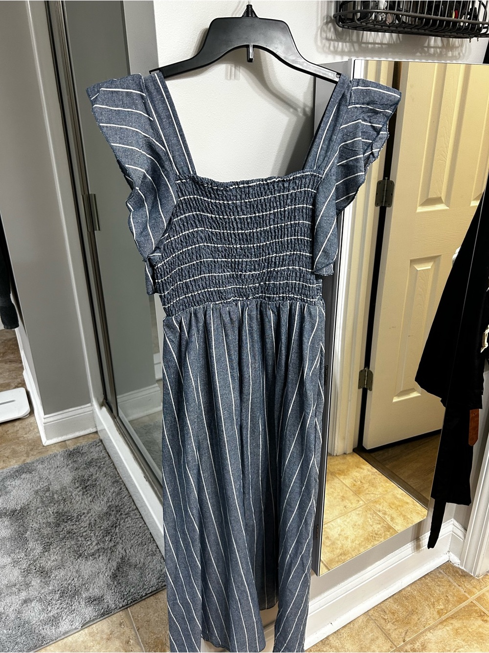SHEIN Navy and White Striped Smocked Midi Dress